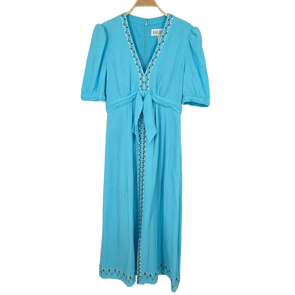Saloni Jamie Tie Detailed Midi Dress Women 8 Blue Gauze Embroidered